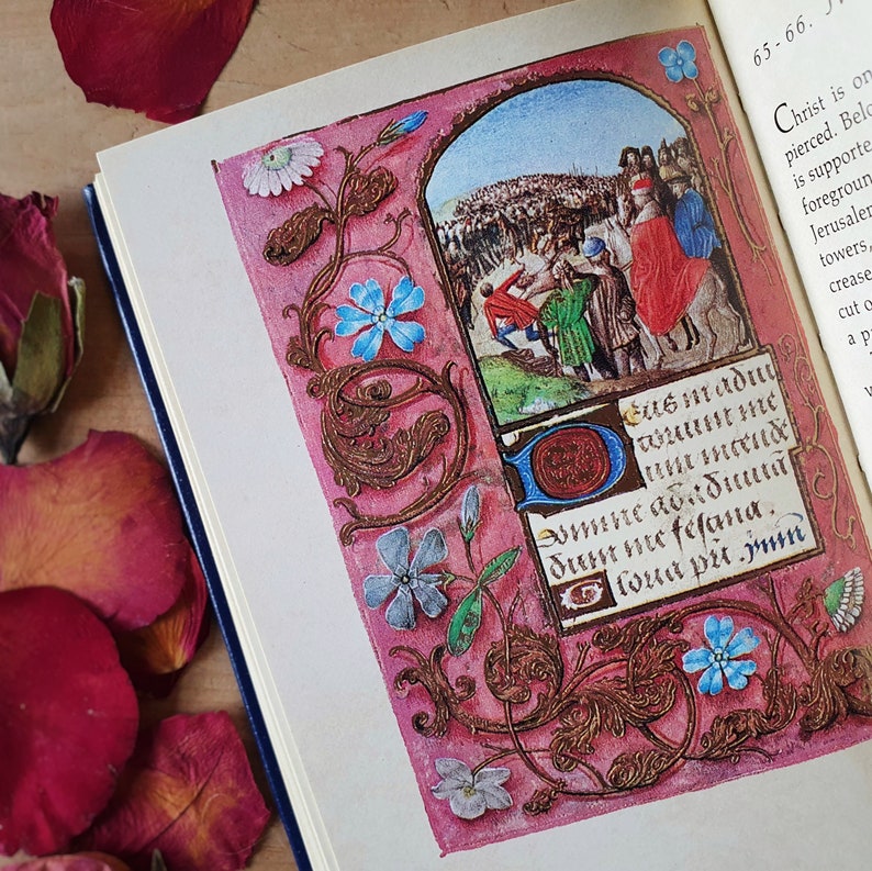 Puede incluir: P&aacute;gina de libro abierta con una ilustraci&oacute;n detallada. La p&aacute;gina presenta un borde rosa con dise&ntilde;os florales y de volutas. Una pintura en miniatura representa una multitud de personas. Texto en lat&iacute;n visible.