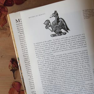 May include: Open book with the title "Mythical Beasts" and an illustration of a griffin. The page is slightly open, revealing text and a detailed black and white drawing. Dried leaves are scattered around the book.