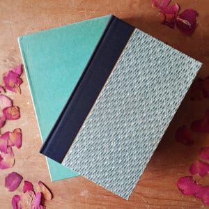 May include: Two hardcover books with teal and patterned covers. One book is open, revealing a teal cover and a navy blue spine. The other book has a light green cover with a white crisscross pattern. Dried rose petals are scattered around the books.