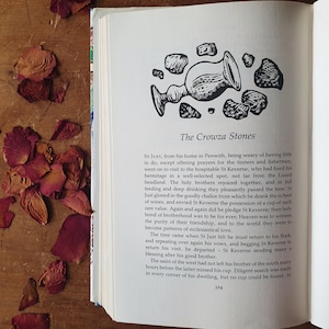 May include: Open book page with text and an illustration of a chalice and stones. The title "The Crowza Stones" is visible. Dried rose petals in shades of red and brown are scattered on a wooden surface.