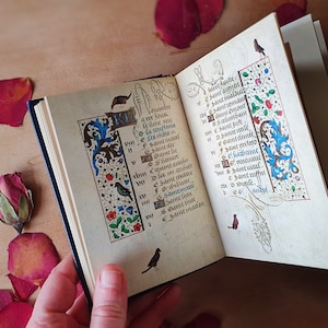 Puede incluir: Libro abierto con p&aacute;ginas de manuscrito iluminado. Las p&aacute;ginas presentan caligraf&iacute;a ornamentada, dise&ntilde;os florales coloridos e ilustraciones de peque&ntilde;os p&aacute;jaros. El libro tiene una cubierta azul oscuro y est&aacute; abierto para revelar la obra de arte detallada.