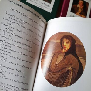 Puede incluir: Una p&aacute;gina de libro con un poema sobre Irlanda, que presenta una pintura de una mujer con un vestido marr&oacute;n y una chalina negra, sentada con la barbilla apoyada en la mano, mirando hacia un lado. La mujer est&aacute; sentada frente a un arpa.