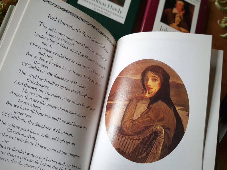 Puede incluir: Una p&aacute;gina de libro con un poema sobre Irlanda, que presenta una pintura de una mujer con un vestido marr&oacute;n y una chalina negra, sentada con la barbilla apoyada en la mano, mirando hacia un lado. La mujer est&aacute; sentada frente a un arpa.
