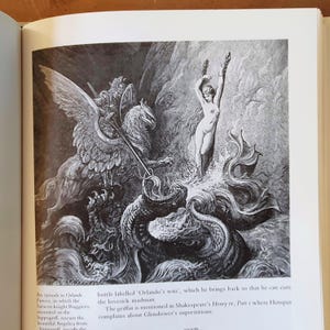 May include: Black and white illustration depicting a knight on a griffin battling a sea serpent, with a nude figure in the water. The image is from a book and includes text about the scene.