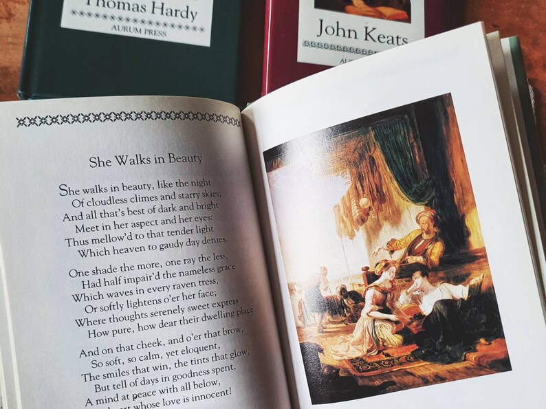 Puede incluir: Un libro con un poema de John Keats titulado "She Walks in Beauty". El poema est&aacute; impreso en una p&aacute;gina blanca con un borde negro. El libro est&aacute; abierto en el poema y se puede ver una pintura de un grupo de personas en una habitaci&oacute;n en la p&aacute;gina derecha.