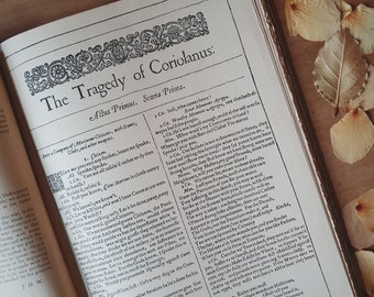 Vintage Shakespeare Coriolanus. A facsimile of the first folio text. Ideal gift for a Tudor lover or literary fan. Old English typesetting.