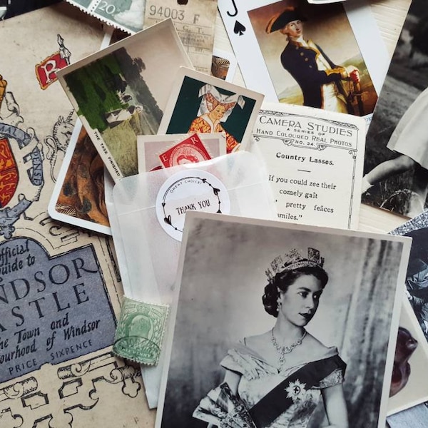 The Very English vintage paper pack. Royal ephemera & old England. Queen Elizabeth. King Charles. Pages, postcards, ads, illustrations.