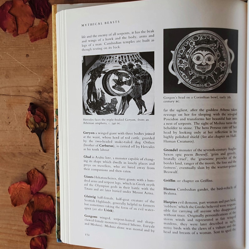 May include: Open book with the title "MYTHICAL BEASTS" and illustrations of mythological creatures. Includes a Corinthian bowl with a Gorgon's head and a depiction of Hercules facing Geryon.