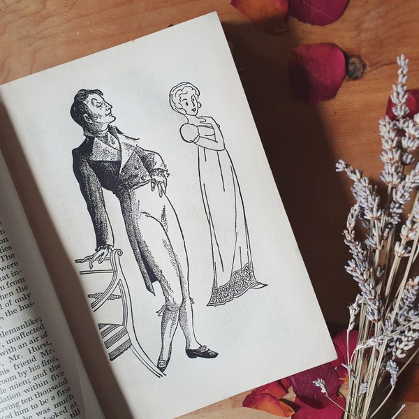 Vintage Pride and prejudice by Jane Austen. Lovely illustrations. Very mid century! Perfect for Regency & Austen fans. Frivolous + fun!