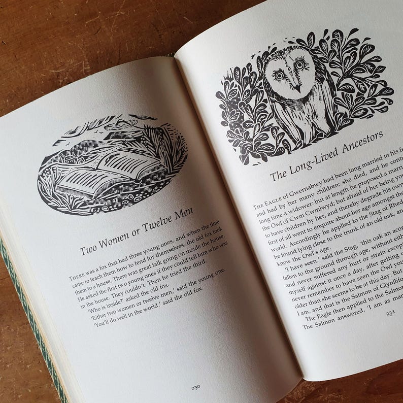 May include: Open book with illustrations and text. One illustration shows an owl surrounded by leaves, the other shows an open book. Text includes "Two Women or Twelve Men" and "The Long-Lived Ancestors."