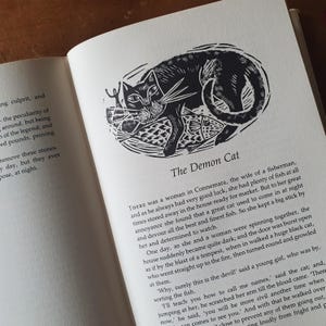 May include: An open book with a black and white illustration of a cat lying on fish. The text "The Demon Cat" is below the illustration. The page also contains printed text.