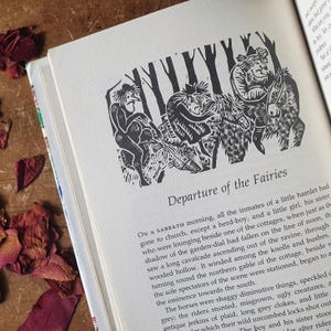 May include: An open book with a black and white illustration titled "Departure of the Fairies." The image depicts figures riding through a forest. Dried rose petals are scattered around the book.
