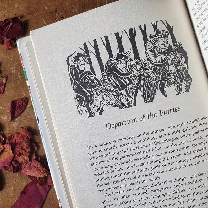 May include: An open book with a black and white illustration titled "Departure of the Fairies." The image depicts figures riding through a forest. Dried rose petals are scattered around the book.
