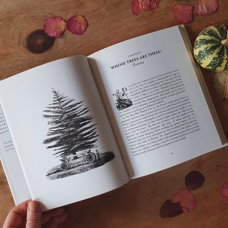 May include: An open book with the title "WHOSE TREES ARE THESE?" and the subtitle "Planting." The page features a detailed black and white illustration of a tree and a small cart. The book is on a wooden surface with scattered rose petals.