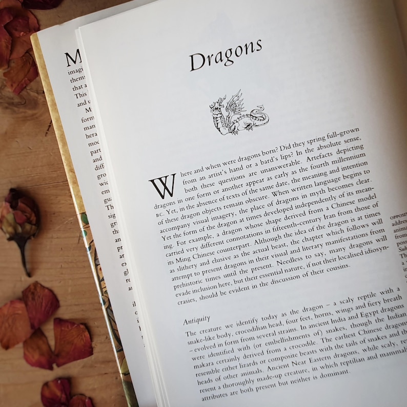 May include: Open book with the title "Dragons" and a detailed illustration of a dragon. The pages are cream-colored, and the text is in black. Dried rose petals are scattered around the book on a wooden surface.