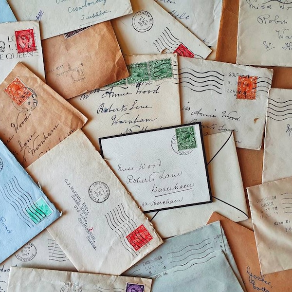 Vintage handwritten & typed envelopes with stamps. Packs of 10, 20 or 35. Lovely supplies for crafting, scrapbooking and styling.