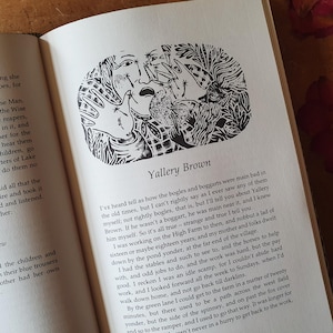 May include: Open book with a black and white illustration of a face with multiple hands and the text "Yallery Brown". The page is from a vintage book with text on the page.