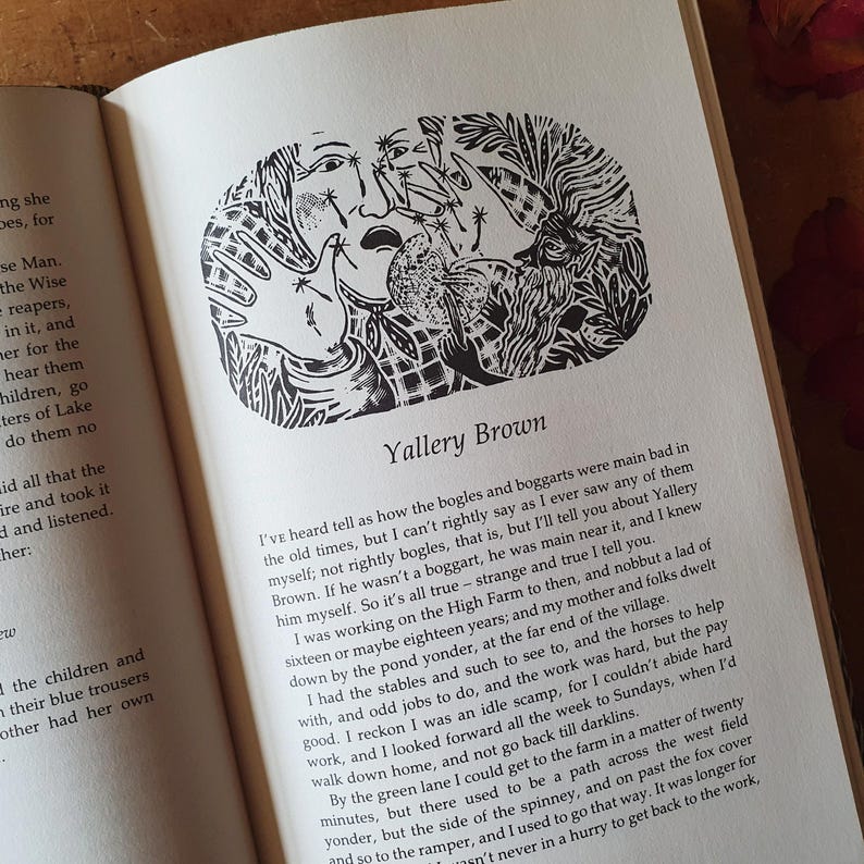 May include: Open book with a black and white illustration of a face with multiple hands and the text "Yallery Brown". The page is from a vintage book with text on the page.