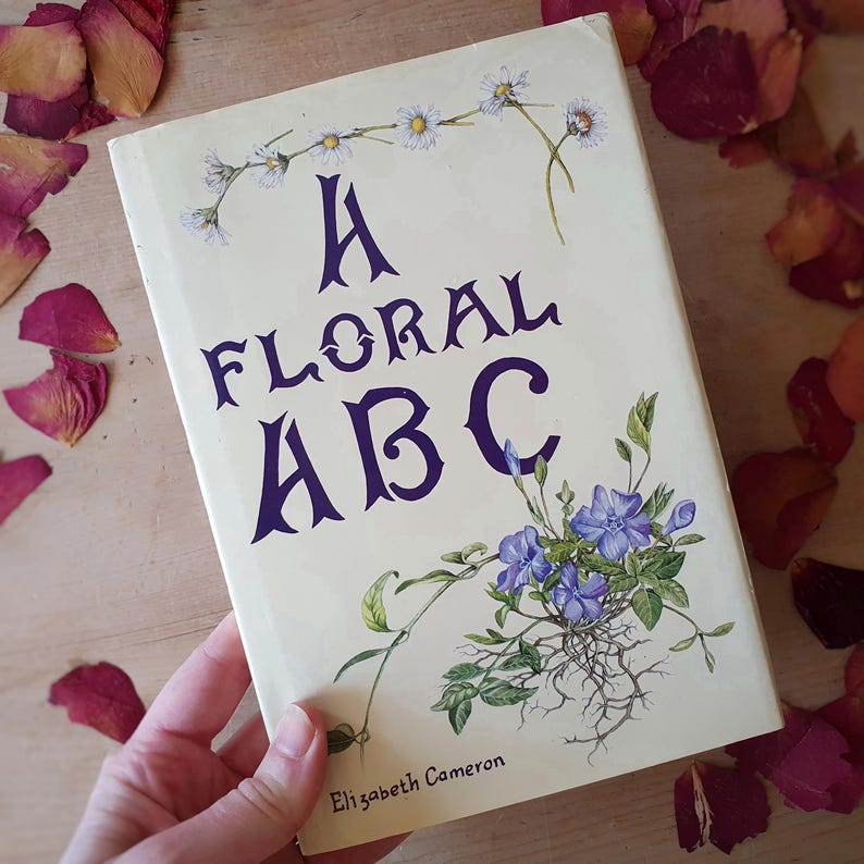 May include: A book titled "A Floral ABC" with a cream-colored cover. The title is in dark purple, with floral illustrations of daisies and blue flowers. The author's name, Elizabeth Cameron, is at the bottom.