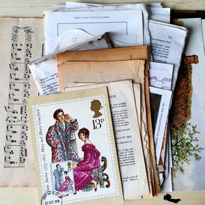 May include: A selection of antique paper items, including sheet music and a postage stamp. The stamp, with the text "Jane Austen 1775-1817 Mary and Henry Crawford", features a couple in period dress and the text "22 OCT 1975 LONDON E.C."
