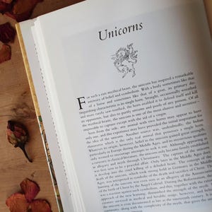 May include: Open book with the title "Unicorns" and an illustration of a unicorn. The pages are white with black text. Dried flower petals and a dried flower bud are on a wooden surface.