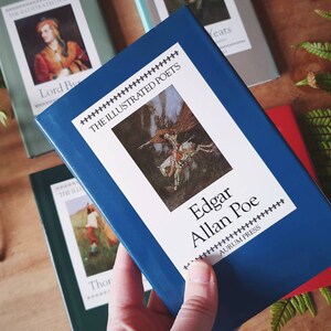 Puede incluir: Un libro de tapa dura azul titulado "The Illustrated Poets: Edgar Allan Poe" de Aurum Press. El libro presenta una ilustraci&oacute;n de una figura alada montando un caballo.