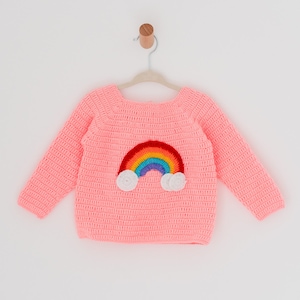 Pink Baby Wool Rainbow Sweater - Handmade Knit Infant Sweater  - Rainbow Cloud Hand-Knit Jumper