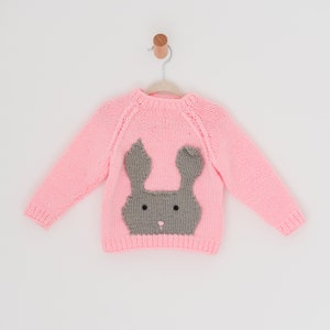 Pale Pink Baby Girl Bunny Wool Sweater - Handmade Knit Rabbit Pattern - Soft Grey Rabbit Jumper - Baby Bunny Babywear