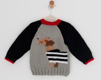 Sausage Dog Grey Baby Knit Wool Sweater - Handmade Knit Dog Design  -  Stripey Dog Newborn Bunny Jumper