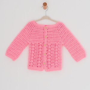 Pink Baby Girl Wool Button Cardigan - Crochet Toddler Cardigan  - Button Front Hand-Knit Baby Clothes