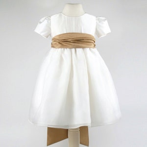 Ivory Flower Girl Party Dress with a Gold Sash. Girls Special Occasion Party Dress, ages 1 to 8 Years, lined in cotton.