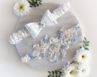 Bridal Lace Garter Set, White and Light Blue, Pearl & Crystal, Keepsake Toss Garter