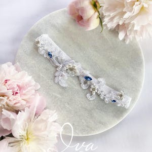Bridal Lace Garter, Pearl and Crystal Beaded garter, Something Blue, Keepsake garter, Toss garter, Wedding garter set, Lace pattern