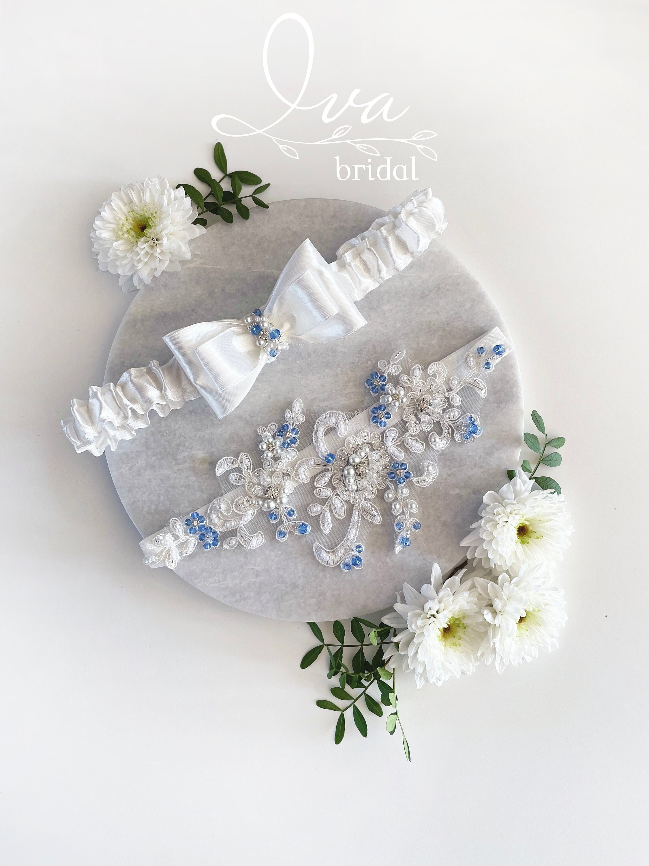 2 Giarrettiere Sposa In Pizzo Blu Scuro - Simbolo Amore E Fedeltà