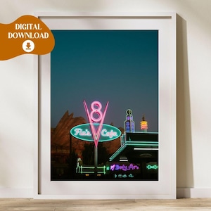 Disneyland, DIGITAL WALL ART, Flo&#39;s V8 Cafe, Neon Lights, Cars Land, Radiator Springs, Ramones, Lighting McQueen, Kids Room, Poster