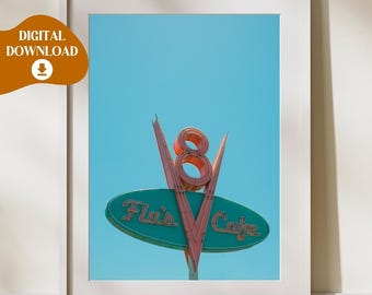 Disneyland, DIGITAL VÄGGKONST, Flo's V8 Cafe, Neonljus, Cars Land, Radiator Springs, Ramones, Lighting McQueen, Barnrum, Poster