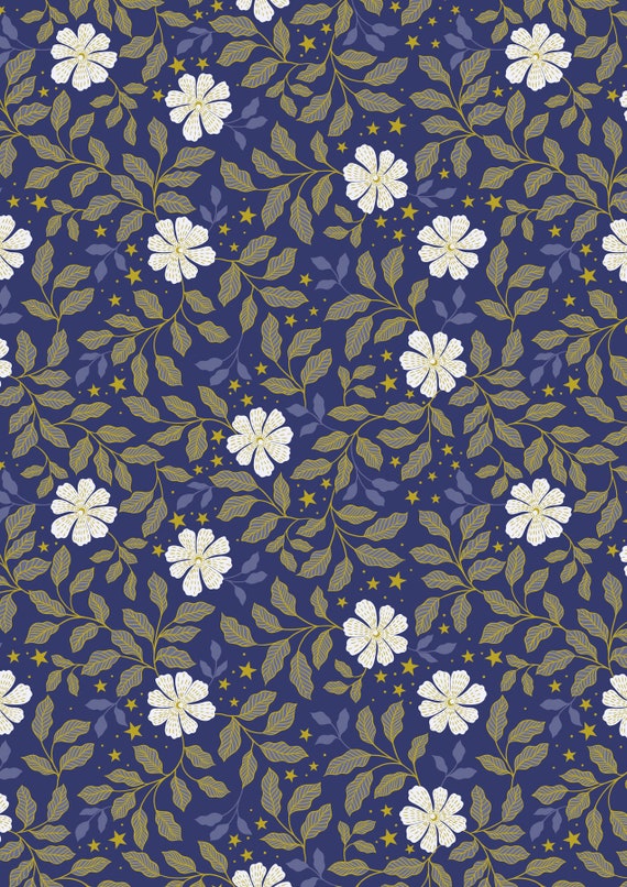 Celestial Flowers on Dusk with Gold Metallic Lewis & Irene 100% Cotton Fabric (112cm wide)  0.5m