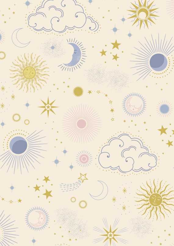 Celestial Skies on Cream with Gold Metallic Lewis & Irene 100% Cotton Fabric (112cm wide)  0.5m