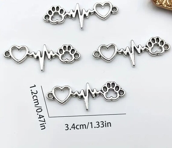 Antique Silvery Dog Paw & Heart Beat ECG Design Connector Charms - Perfect For DIY Necklace Bracelet Earrings Jewelry Making