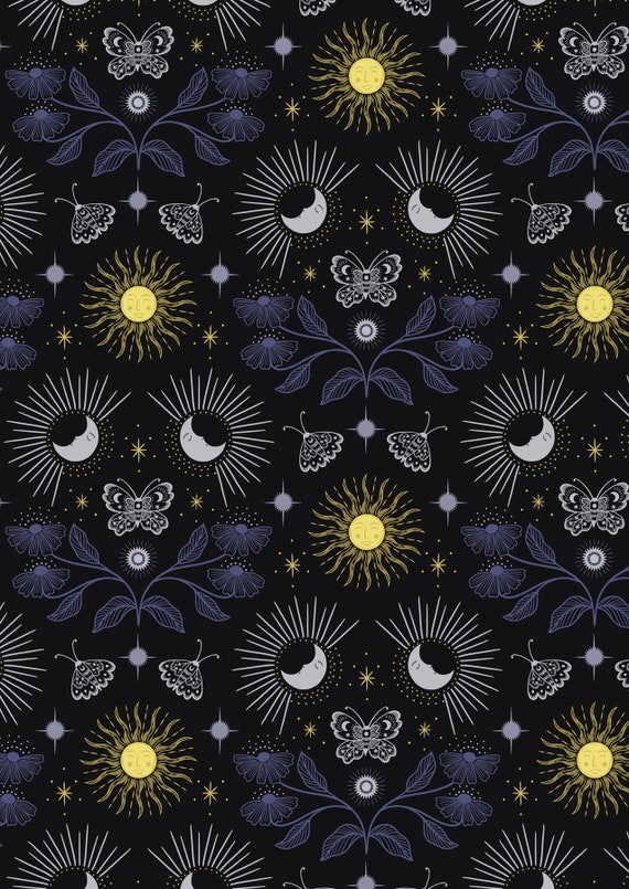 Celestial Skies on Black with Gold Metallic Lewis & Irene 100% Cotton Fabric (112cm wide)  0.5m