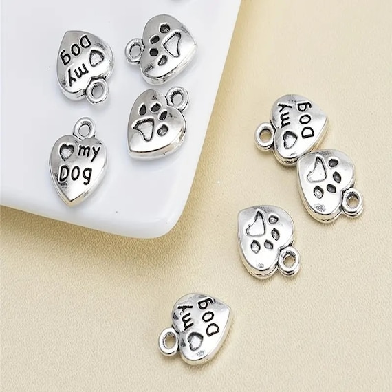 Paw Print & My Dog Detail Heart Shape Pendants, 13x10mm Silver Color Pendants, Antique Jewelry Making DIY Craft