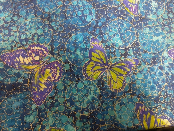 Shimmer Paradise on Blue with Butterfly with Metallic By Northcott Clothing Craft Quilting Patchwork Fabric 0.5m