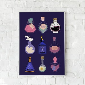 May include: A framed print featuring nine colorful potion bottles with various shapes and designs. The bottles are filled with different colored liquids and labeled with tags or the word "Potion". The background is a deep blue color.