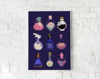Lámina artística de botellas de pociones de brujas, póster mágico y caprichoso (descarga digital)