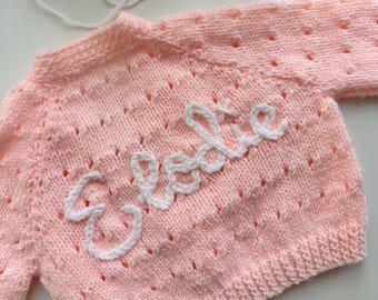 Personalized Hand-Knitted Baby Cardigan (0-3 Months) - Embroidered Name