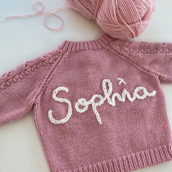 Personalised Newborn Hand Knitted Cardigans. Baby name cardigans, hand embroidered knits