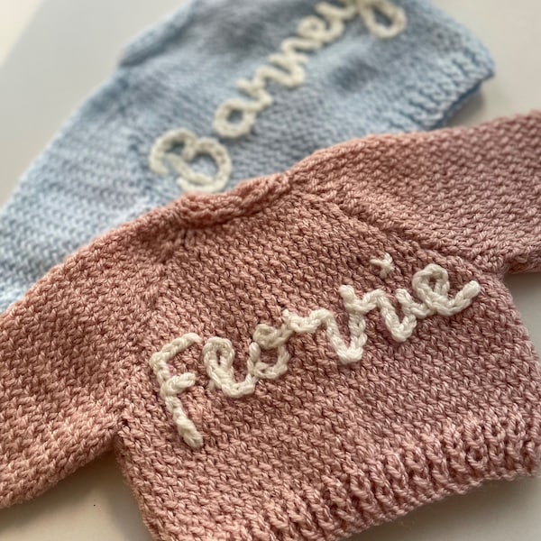 Personalised 3 - 6 Months Hand Knitted Cardigans. Baby name cardigans. Hand embroidered cardigan