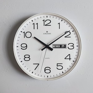 True Vintage 1990s JUNGHANS quartz 368/6642 Day Date Wall Clock W737 White Germany | Kitchen Deco Pop Art Mid Century Modern 90s Y2k