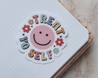 Sticker vinyle "Treat yo self" | Autocollant aesthetic colorés phrase motivation | Sticker feminist déco pc portable bouteille d'eau