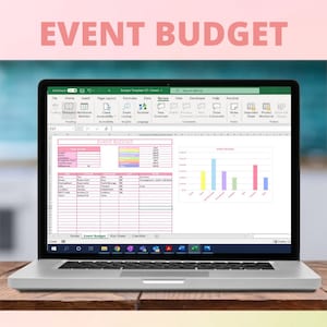 May include: A laptop computer screen displaying a spreadsheet with the title "EVENT BUDGET". The spreadsheet includes a table with categories for event expenses, such as venue, catering, and entertainment. There is also a bar chart showing the budget for each category.